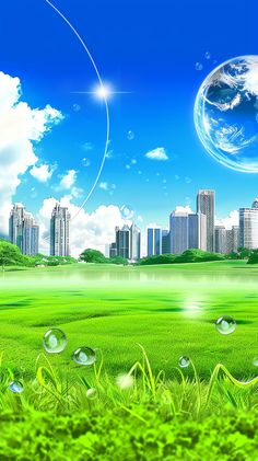 an image of a city with green grass and bubbles in the foreground, as well as blue skies