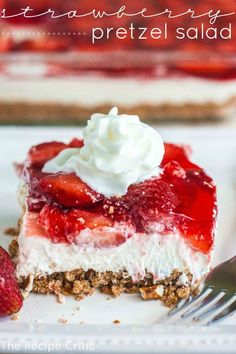 a piece of strawberry pretzel salad on a plate