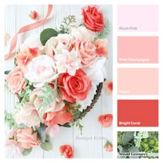 the color scheme is peach, pink and green with flowers on it's side