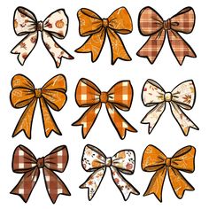 six different bows are shown in orange and brown