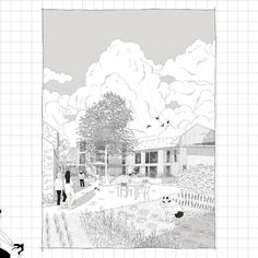 a drawing of people standing in front of a house with trees and clouds above them