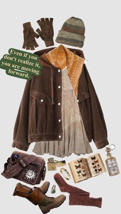 Moving Forward #cabincore #goblincore Casual Goblincore Outfits, Fall Goblincore Outfits, Goblincore Winter Outfits, Bugcore Outfits, Cabincore Outfit, Hobbit Aesthetic Clothes, Adventure Core Outfits, Goblincore Accessories, Adventurecore Outfit