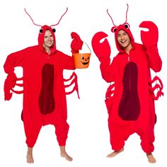 two people in red lobster onesuits holding buckets and smiling at the camera