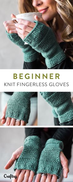 knit fingerless gloves with text that reads beginner knit fingerless gloves in green