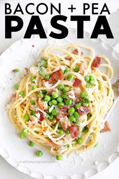 bacon and pea pasta on a white plate