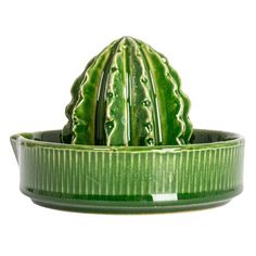 a green ceramic cactus in a bowl on a white background