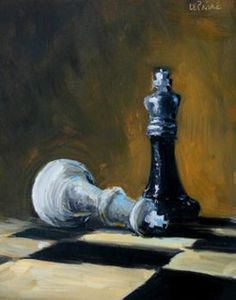 a painting of a chess piece on a checkerboard floor with the black king