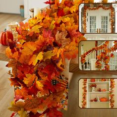 an arrangement of fall leaves and pumpkins on a dining room table with mirror frames