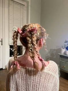 Looped Pigtail Braids, Short Braided Pigtails, Cool Pigtail Hairstyles, Ribbon Pigtail Braids, Milkmaid Braid With Ribbon, Braids With Ribbon Bows, Coquette Braid Hairstyles, Hairstyles With Pink Accessories, Wedding Pigtails