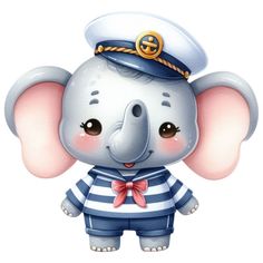 an elephant wearing a sailor's hat is standing in front of a white background