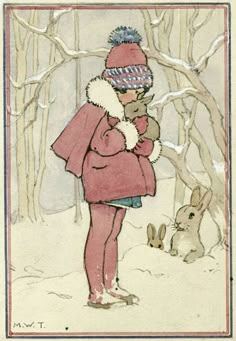 a drawing of a person holding a rabbit in front of a forest with snow on the ground