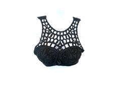 "Vintage 90s bra top in black. Underwired bra with floral embroidery. Crochet knit shoulder straps. Hook closure in back.  DETAILS Best fits: Labelled M  Condition: Good vintage Material: Polyester MEASUREMENTS Taken from seam to seam while the garment is lying flat. Double the armpit, waist, and hips. Length from Top: 12.5\" Armpit to Armpit: 16 to 18\" stretched  Waist: 14 to 15\"" Black Crochet Lace Crop Top For Summer, Black Fitted Bohemian Crochet Top, Black Fitted Crochet Lace Top, Black Y2k Top With Built-in Bra, Black Crochet Crop Top, Black Lace Bra Crop Top, Knit Bra, Bra Crop Top, Embroidery Crochet