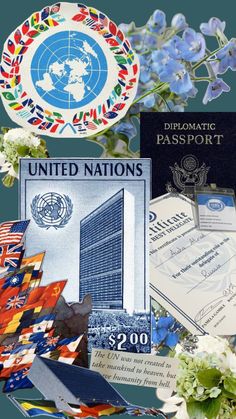 the collage has many different flags, flowers and passport stamps on it's side