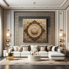 a living room with white couches and gold accents on the wall, along with a large painting