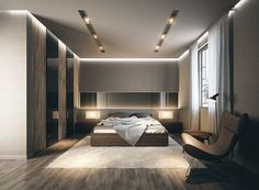 a modern bedroom with wooden floors and white walls, along with a large bed on the far wall