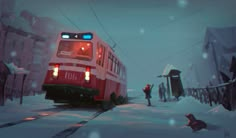 a red and white train traveling through a snow covered street