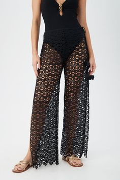 TRINA TURK - Sale Price $134.99 | Sheer crochet lace adds carefree vibes to these swim cover-up pants while lace-up sides and a high side slit add a sexy touch. Pair these open-lace swim cover-up pants with your favorite swimsuit for a chic brunch-to-beach look. #trinaturk #coverup #summerfashion #AD Lace Pants, Lace Side, Women's Cover Up, Swim Cover, Trina Turk, Sheer Lace, Sale Price, Crochet Lace, Womens Swim