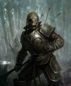 a painting of a knight in the woods