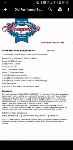 the old fashioned baked beans recipe is shown in this screenshote screen shot from an iphone