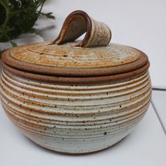 a brown and white bowl sitting on top of a table next to a potted plant