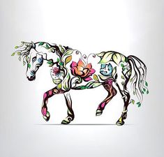 a horse with flowers painted on it's face and tail, in the shape of a