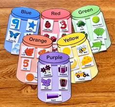 four different color matching cards with words and pictures on them, including orange, yellow, blue