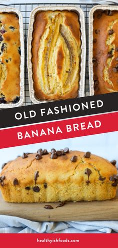 old fashioned banana bread with chocolate chips on top and in the background, there are three loafs that have been baked