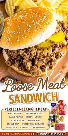 an advertisement for a sandwich restaurant with the words loose meat sandwich and chips on it