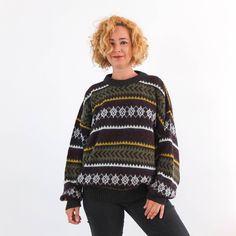 Oversized Fair Isle Crew Neck Sweater, Retro Relaxed Fit Winter Sweater, Retro Relaxed Fit Sweater For Winter, 90s Oversized Fall Sweater, 90s Style Oversized Winter Sweater, 90s Oversized Winter Sweater, 90s Style Relaxed Fit Fall Sweater, 90s Winter Knitted Sweater, 90s Knitted Winter Sweater