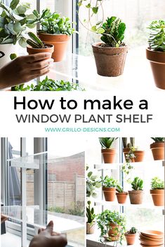 how to make a window plant shelf with potted plants in it and the words, how to make a window plant shelf