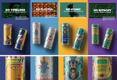 an advertisement for go kitschy beer on the side of a wall with multiple images of cans