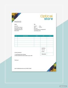 an invoice form with colorful lines on the front and bottom, sitting on top of a blue background