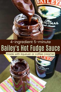 two jars of hot fudge sauce on a table