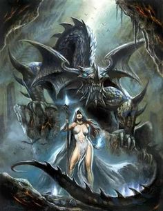 a woman standing in front of two demonic monsters