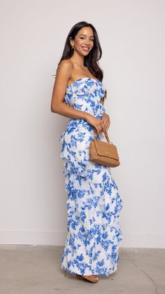 Product Details : Maxi Dress White and blue Florals Ruffles Lace Model is wearing a size small 82190 C5-2 Strapless Long Dress Casual, Blue And White Dresses, Senior Outfits, Blue And White Floral Dress, White Dress Top, Strapless Long Dress, Maxi Dress White, Blue Maxi Dress, Blue Florals