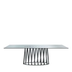 a glass table with metal legs on a white background