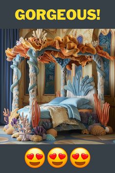 an image of a bedroom decorated in blue and orange colors with the caption gorgoous