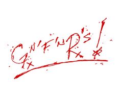 a red handwritten sign with the words guffins and rx on it