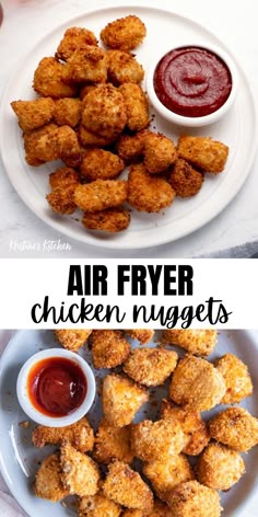 air fryer chicken nuggets on a plate with ketchup and sauce