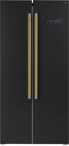 the side by side refrigerator has two doors and is black with gold trimmings