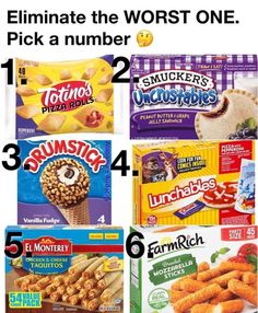 six different types of snacks that are labeled in the same font and numbers, including one with