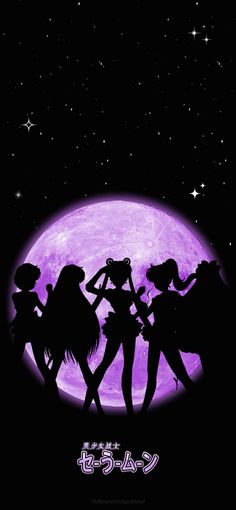 the silhouettes of four girls standing in front of a purple full moon with stars