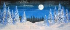 a painting of snow covered pine trees under a full moon with blue sky and clouds