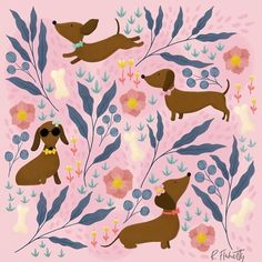 a painting of two dogs on pink with flowers and leaves in the background art print