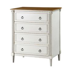 a white dresser with three drawers and two wooden top handles on the bottom, against a white background