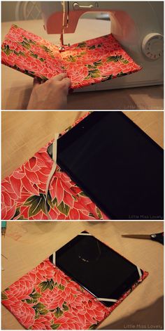 the sewing machine is cutting fabric to make a flowered ipad case for someone else