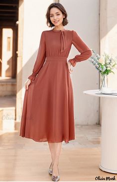 Olivia Mark - Long-sleeve Solid Color Waisted Knee-length Dress Casual Long Dress, Vacation Maxi Dress, Nails Natural, Capsule Outfits, Half Skirt, My Wedding Dress, Aline Dress, Long Dress Casual, Lovely Clothes