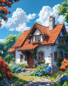 a painting of a house in the middle of flowers