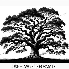 a black and white drawing of a tree with the words dxf + svg file formats