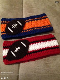 two crocheted headbands with football and football ball on them, sitting on a bed